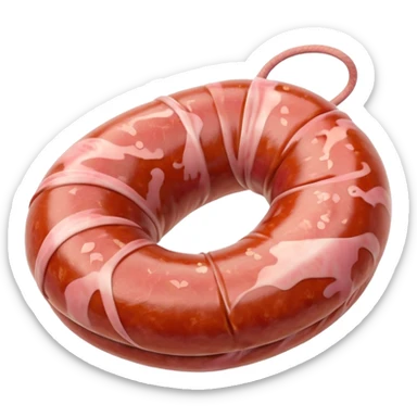 thick rustic coil of raw sausage, pale pink marbled surface, natural casing, smooth texture, visible flecks of fat, ends tucked or pinched, no plate or garnish, soft lighting, emoji scale sticker
