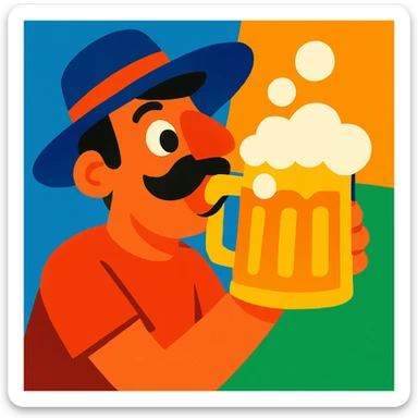 guy with a hat drinking beer, vibrant cartoon style sticker