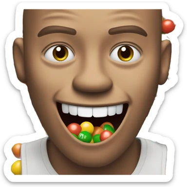 M&M with a smiling face holding a pack of M&Ms sticker