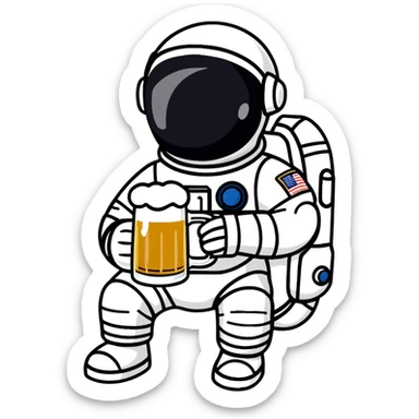 a full astronaut space suit with a pint of delicious beer inside it instead of a human, the glass of beer visible through the helmet sticker