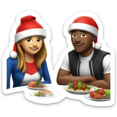 emoji Sports couple , a man and a woman in sportswear, sitting at the Christmas dinner table with a red Christmas hat sticker