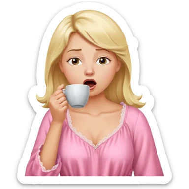 A blonde woman in a pink nightgown yawns, looking sleepy with dark circles under her eyes, drinking coffee, looking like she just woke up sticker