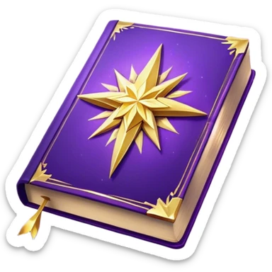 A **violet, glowing book** with **golden edges**, floating with **sparkles and magical wisps** around it. The cover features a **golden starburst sigil**, symbolizing charm and radiance. ✨📖 sticker