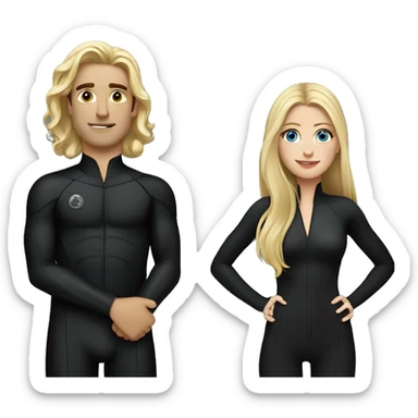 blonde white woman long hair wearing all black standing next to Jack Schlossberg dark hair in a wetsuit sticker