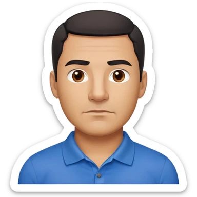 Strong built middle-aged Hispanic man with tan complexion, square masculine face with defined jawline, short black hair with clean fade cut, medium dark brown eyes, thick eyebrows, wide nose, neutral expression, wearing blue polo shirt sticker