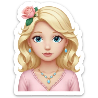 a girl with long wavy light golden platinum blonde hair, light blue eyes, pale peachy-pink skin, wearing a fancy light pink outfit, a hot rose hair clip, and light gold jewelry sticker