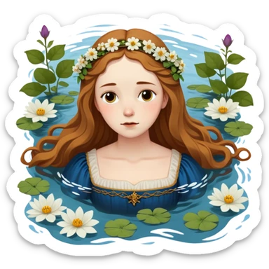 Ophelia from Hamlet floating in water surrounded by flowers, with a tragic expression, wearing a medieval dress, based on Millais painting and Shakespeare's character sticker