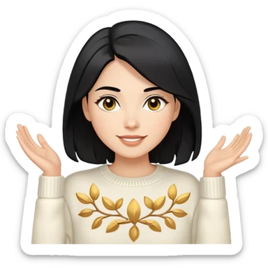 A woman with shoulder-length black hair, light to medium skin tone, full cheeks, and almond-shaped eyes, wearing a white sweater with gold design, lying comfortably on a bed with soft lighting, joyful and radiant expression. sticker