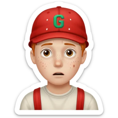 Um garoto branco, com a feição de assustado, usando um boné da Guccy sticker