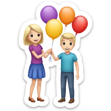 two people holding onto a balloon sticker