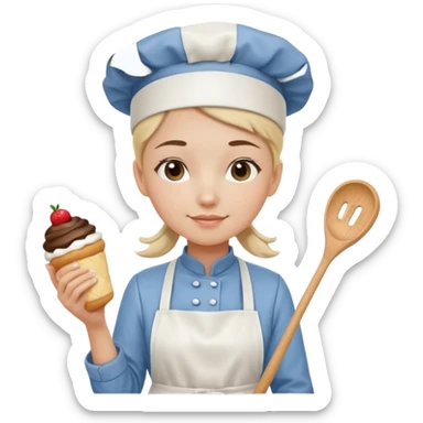 Young female pastry chef - single ponytail, apron, wearing a white hat, holding a cream piping bag sticker
