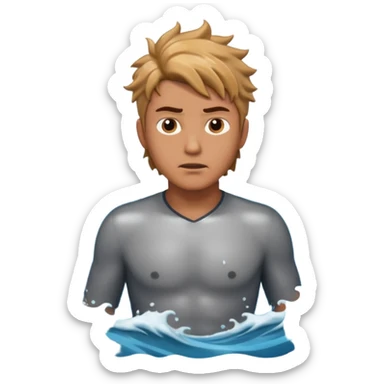 man standing in ocean waves, water splashing around him, determined expression, dynamic sea motion, cinematic ocean vibe, 3D cartoon style, mobile game icon style, clean background, no text, no watermark
 sticker