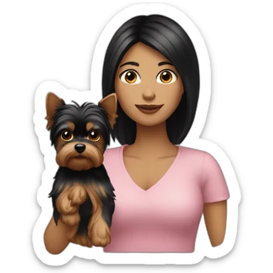 Women-with-black-hair-with-yorkie-on-hand sticker