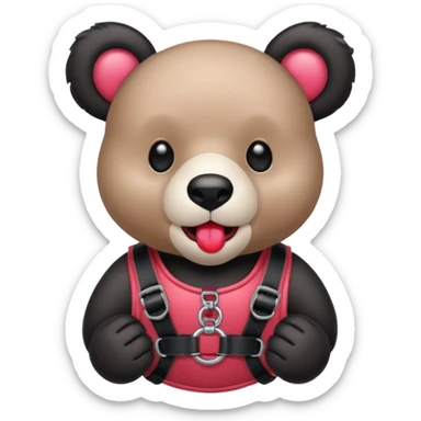Gloomybear wearing black harness, red bubblegum in mouth sticker