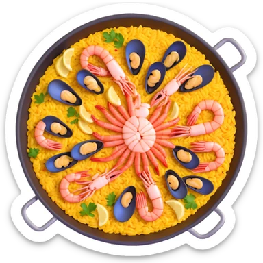 traditional Spanish seafood paella with shrimp, clams, mussels, saffron rice in a paella pan sticker
