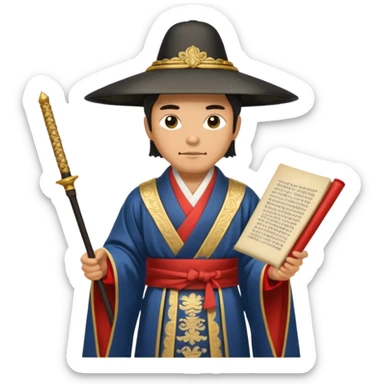 Samurai lord, Elegant noble in long robes with tall hat, holding a scroll of orders. sticker