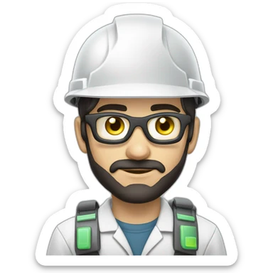 A young Turkish electrical engineer with a light black beard, a white helmet and a phosphorescent protection jacket sticker