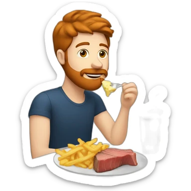 a guy with brown hair and ginger beard eating a large steak with fries and mayonnaise sticker