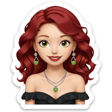 a pretty fair bratz girl with wavy dark red hair, wearing a black off shoulder top . silver dainty layered necklaces, carrying a matcha sticker