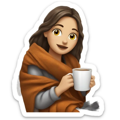 Brunette white girl covered in blanket autumn vibe sitting on a cozy chair holding coffee, window on the background sticker