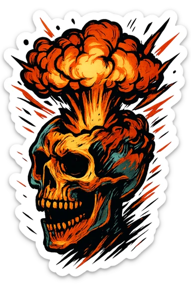 a skull with its mind blown, dramatic explosion, expressive, modern digital illustration style, no background sticker