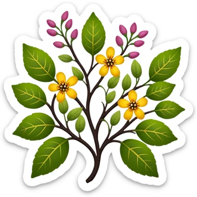 dull green leaves & colorful flowers filigree design & small fruits & ebony branches, extremely detailed, complex design sticker