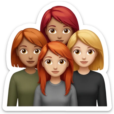 Can you create an image of 3 friends together one with red bright hair light skin one the other with brown hair with some blonde highlights in the hair fair skin the last one with light brown a tint of orange hair and dark brown hair sticker