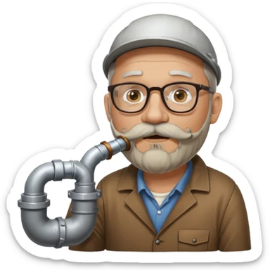 50 year old bearded and moustached white male wearing glasses. In his mouth is a sewer pipe and out the end is flowing brown liquid into a street gutter. sticker
