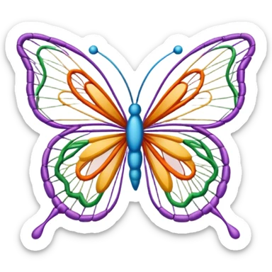 icon for String art, colorful butterfly made with threads, body of the butterfly with visible thread ball structure, wings formed by intricate thread patterns, minimalistic style, clean lines, transparent background. sticker