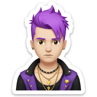 make a iphone emoji who is a white man that looks punk with purple punkk hair, with a black punk shirt and a golden neckless sticker