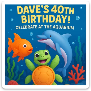 Make a birthday card for Dave's 40th birthday at the aquarium. Arrange the playful dolphin, smiling sea turtle, and colorful fish in a lively underwater scene with bubbles, seaweed, and coral. Add cheerful text: "Dave's 40th Birthday! Celebrate at the Aquarium!" Use a fun, vibrant style. Make it 3d emoji style. sticker