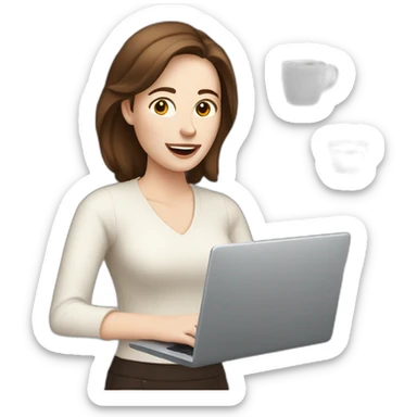 woman with pale skin and brown hair on a computer juggling with coffee cups sticker