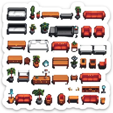 detailed furniture elements in pixel art style sticker