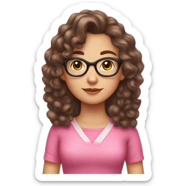brunette curly long hair nerd girl, wearing a pink dress sticker