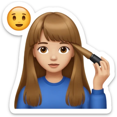 a girl with light skin and brown long hair with bangs who is doing her hair sticker