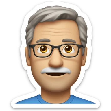 A head and shoulders shot of a 55 year old Caucasian man, with short brown hair, with stubble facial hair,  wearing glasses with blue eyes wearing a t-shirt. sticker