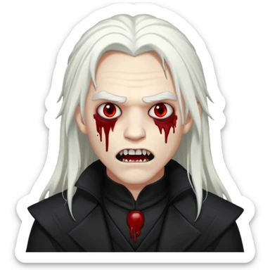Creat a young man Vampire that have long white hair and white skin and full black eyes and bloody mouth and full black outfit and long fangs and scary dead cold eyes sticker