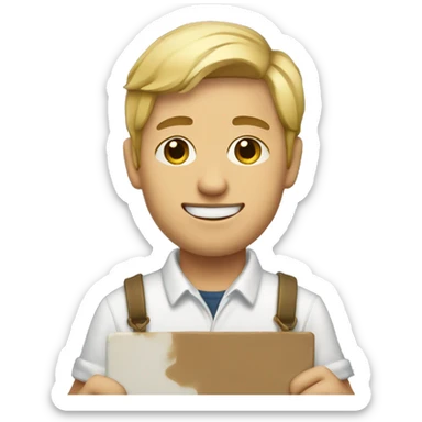 a guy with short blond hair and dressed like a painter holding a painting sticker