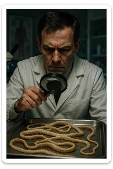 A middle-aged male kinesiologist wearing a pristine white lab coat, intensely analyzing long, beige tapeworms (like Taenia) under a magnifying glass. His expression is focused and slightly concerned, with dramatic studio lighting casting sharp shadows. The parasites are highly detailed, moist, and textured, stretched across a sterile metal tray. The background is blurred but suggests a clinical environment—hints of a microscope, medical charts, and clean lab equipment. The style is hyper-realistic, with a cinematic contrast between the bright white coat and the grotesque, organic forms of the parasites. No sci-fi elements, just raw medical realism with a disturbing edge sticker