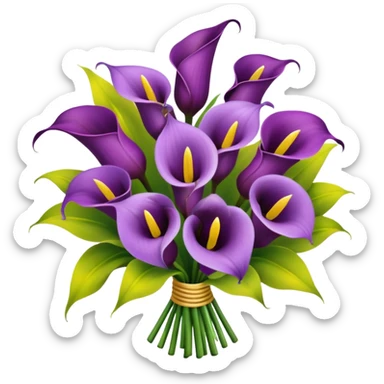 Bouquet of Calla lilies with separate tiny, yellow circular flowers interspersed in between the purple Calla lilies sticker