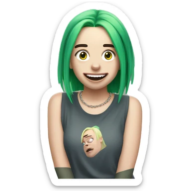 happily surprised Billie Eilish with green hair sticker