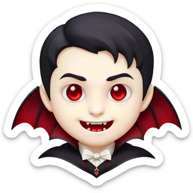 Cinematic Cute Vampire Portrait Emoji, with a refined yet playful small, rounded pale face accented by tiny, cute fangs and bright, twinkling eyes, sporting miniature elegant dark attire with a hint of crimson, simplified yet irresistibly charming, highly detailed with a soft glowing outline that captures the delightful duality of spooky sweetness and stylish allure! sticker