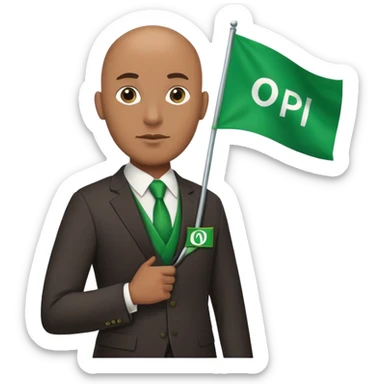 Create a emoji of a man in a suit brown skin with bald holding a green flag that says o phi o in greek letters sticker