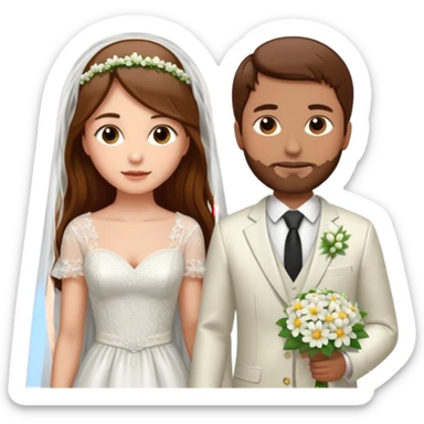 Woman with long brown hair and fair skin wearing a wedding dress and veil. And a man with short brown hair and fair skin wearing a white suit with a flower. sticker
