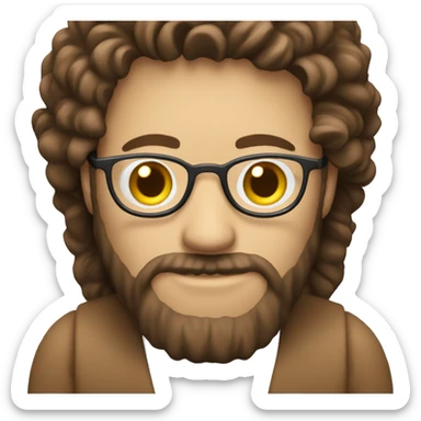 A white man with a beard, brown hair and a macbook, coding sticker