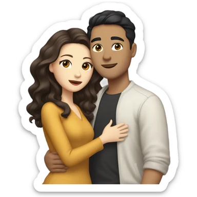 A pale half Asian man with short dark hair and amber eyes embracing and loving a white woman with long wavy brunette hair and dark hazel eyes. They love each other a lot And have good fashion taste and are hugging each other tight  sticker