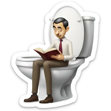 mr.bean sitting on a toilet reading a book sticker
