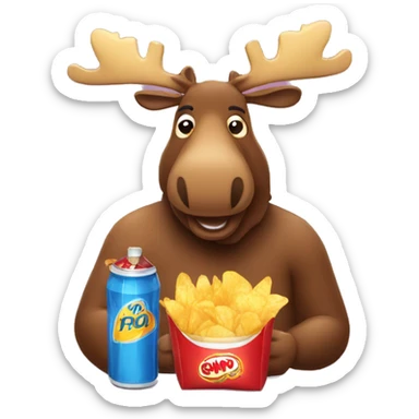 A moose with a bag of chips and a bottle of pop sticker