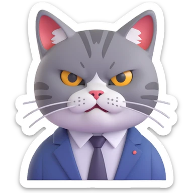 close-up of pissed off cat's face in business clothes, arms not visible, tail not visible, glaring with twitching whiskers, looking completely done with the day, no table or background, just the cat's face sticker