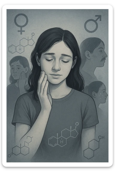 A young woman is surrounded by faint overlays of hormonal symbols and androgen molecules, with shadowy images of acne, facial hair, and oily skin projected around her, symbolizing the symptoms of PCOS with androgen excess. She looks down, gently touching her face with a resigned but hopeful expression, symbolizing her journey toward managing these symptoms. sticker
